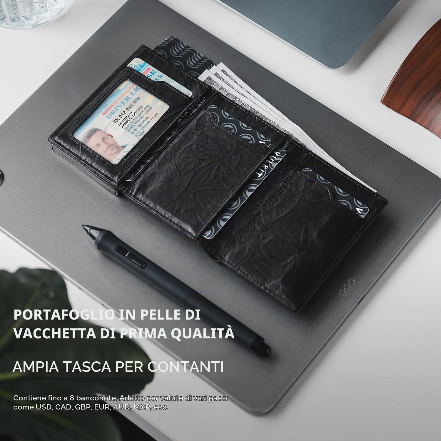 VULKIT Porta Carte di Credito in Pelle Prismatica con Blocco RFID Scomparto per Banconote, Finestra per Documento d'identità, Tasca Portamonete e Chiusura Magnetica