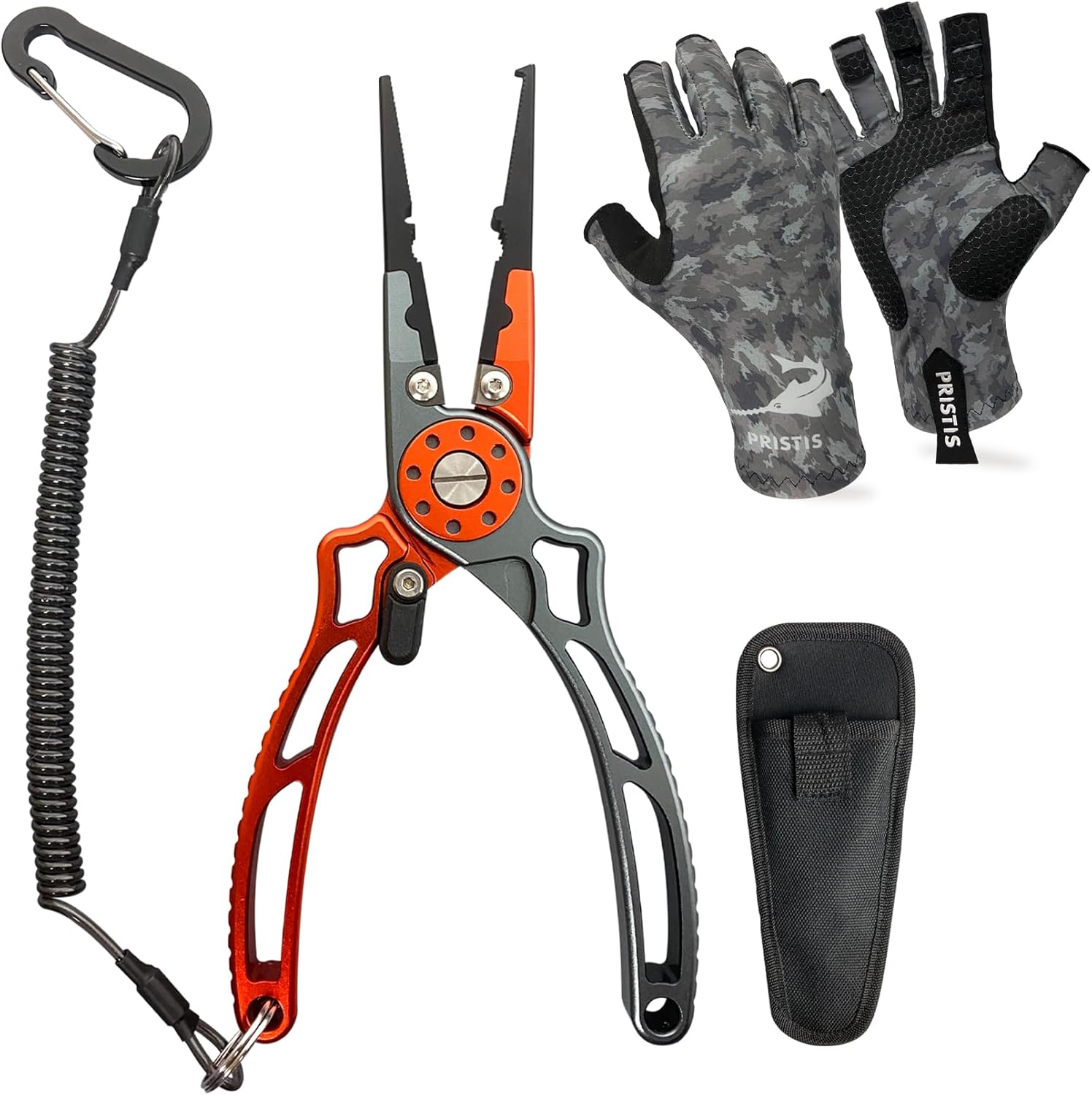 Pristis Utility Multi-Function Fishing Equipment Combination, UTA II Fishing Pliers & Wasteland CAMO Half-Finger Fishing Gloves (S-M), A Cool Option for Angler