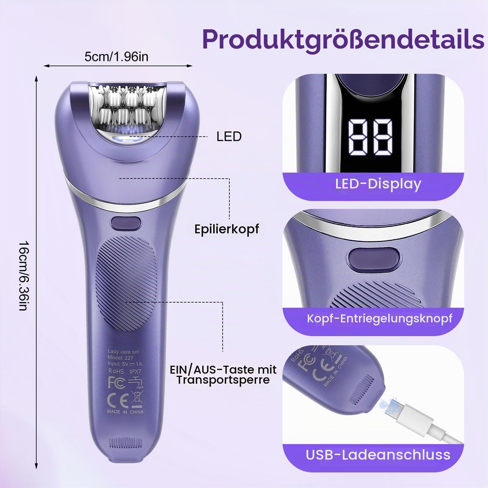 7-in-1 Epilierer Set für Damen, Kabelloser Nass- und Trockenepilierer mit LED-Licht, Gesichts- und Körperepilierer, IPX7 Wasserdicht, 90 Min Laufzeit