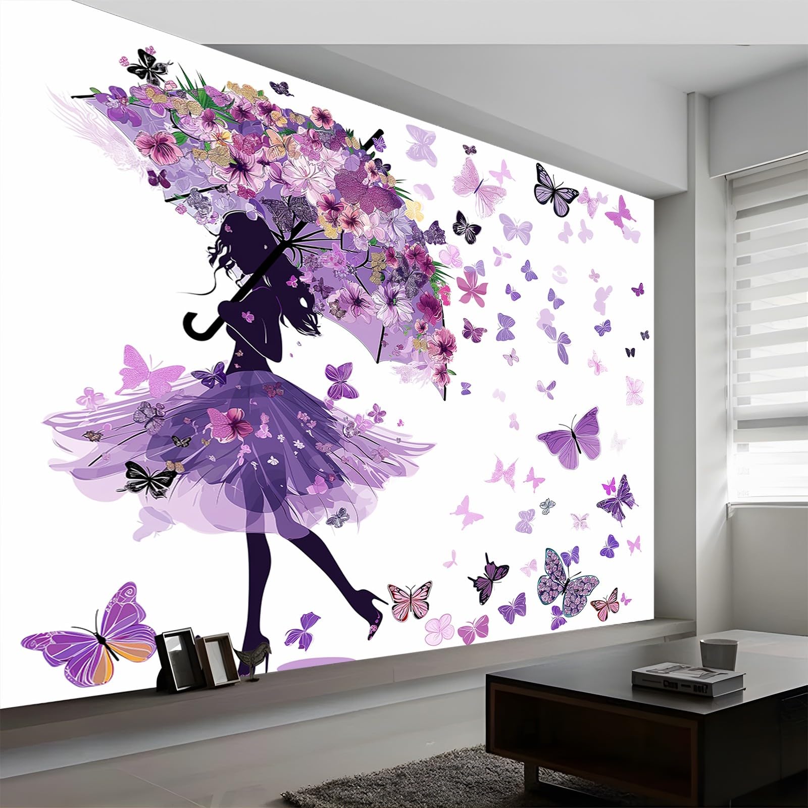 Samoprzylepna tapeta, piękna dziewczyna motyl sztuka ścienna naklejki na meble sypialnia salon 250 x 175 cm fioletowa tapeta ścienna zdjęcie dzieci plakat DIY dekoracja