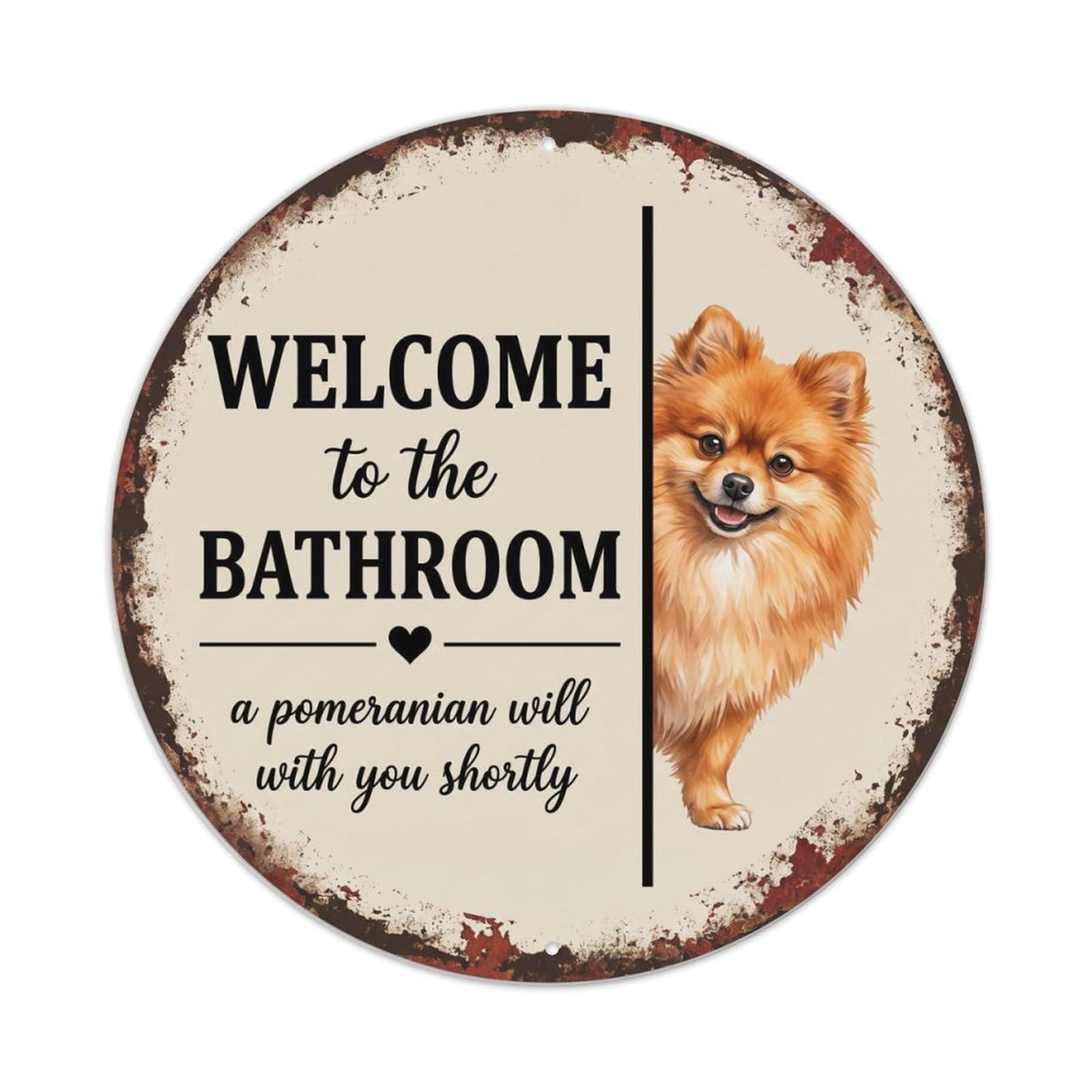 Vintage WELCOME To The BATHROOM Pomeranian Dog Metal Tin Sign
