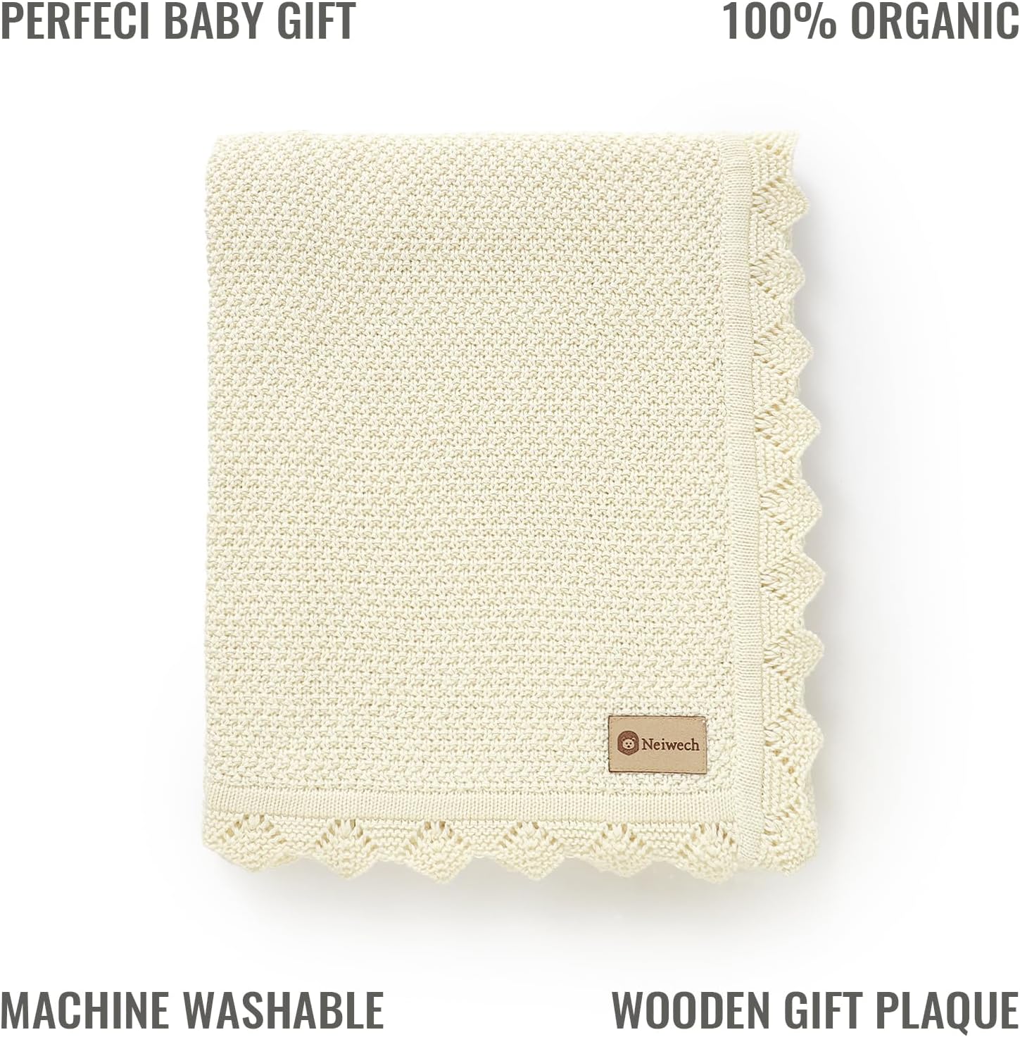 Neiwech Organic Cotton Baby Blanket Knit Soft Receiving Swaddling Crib Nursery Blankets for Newborns Infants Boys Girls Off White 30x40 Inch