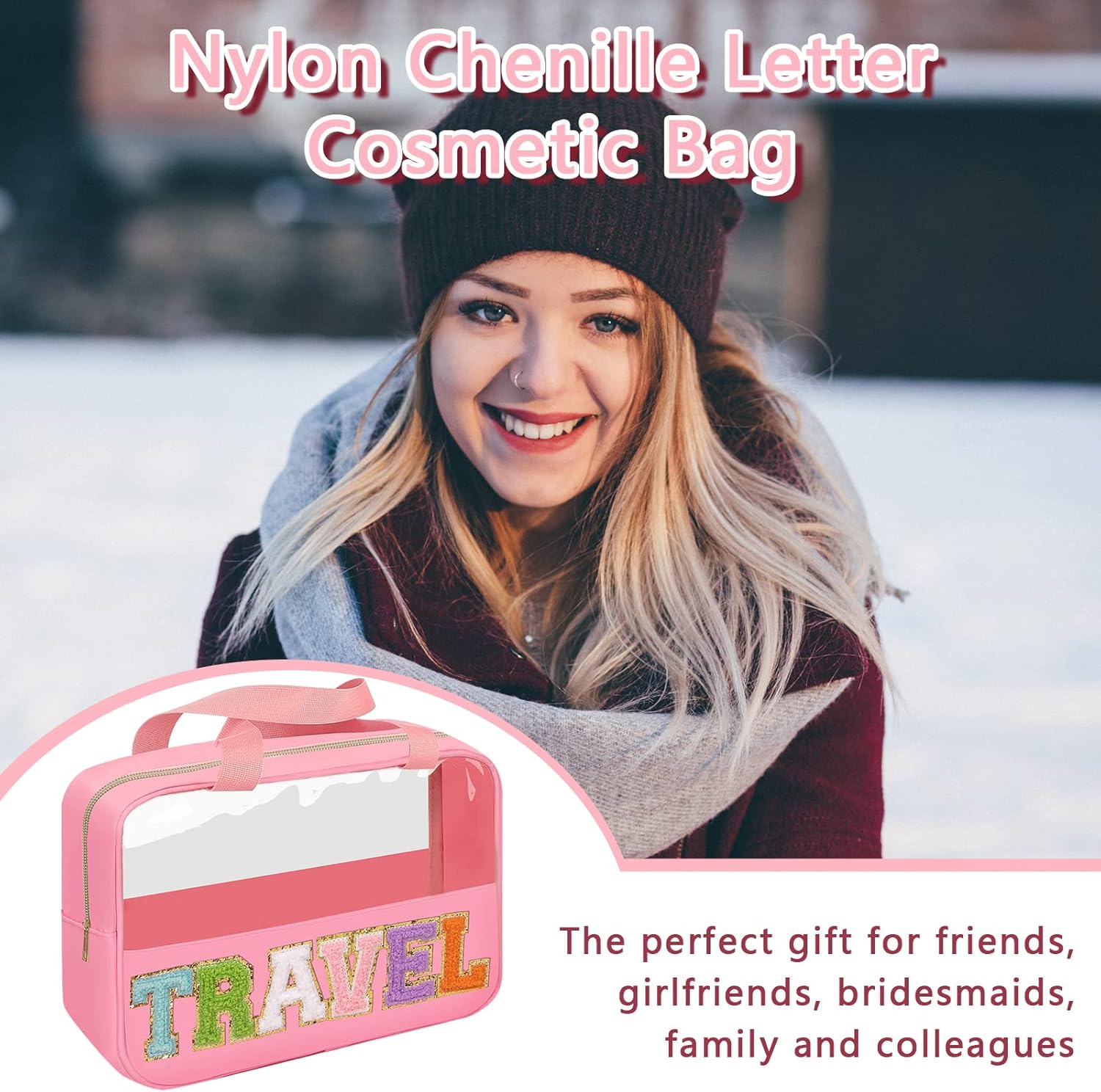 Chenille Letter Patch Travel Bag, Preppy Clear Makeup Cosmetic Bag Large Toiletry Storage Tote Bag with Handle, Transparent Nylon Waterproof Organizer Zipper Pouch for Travel Women Girls(Pink) - Image 5