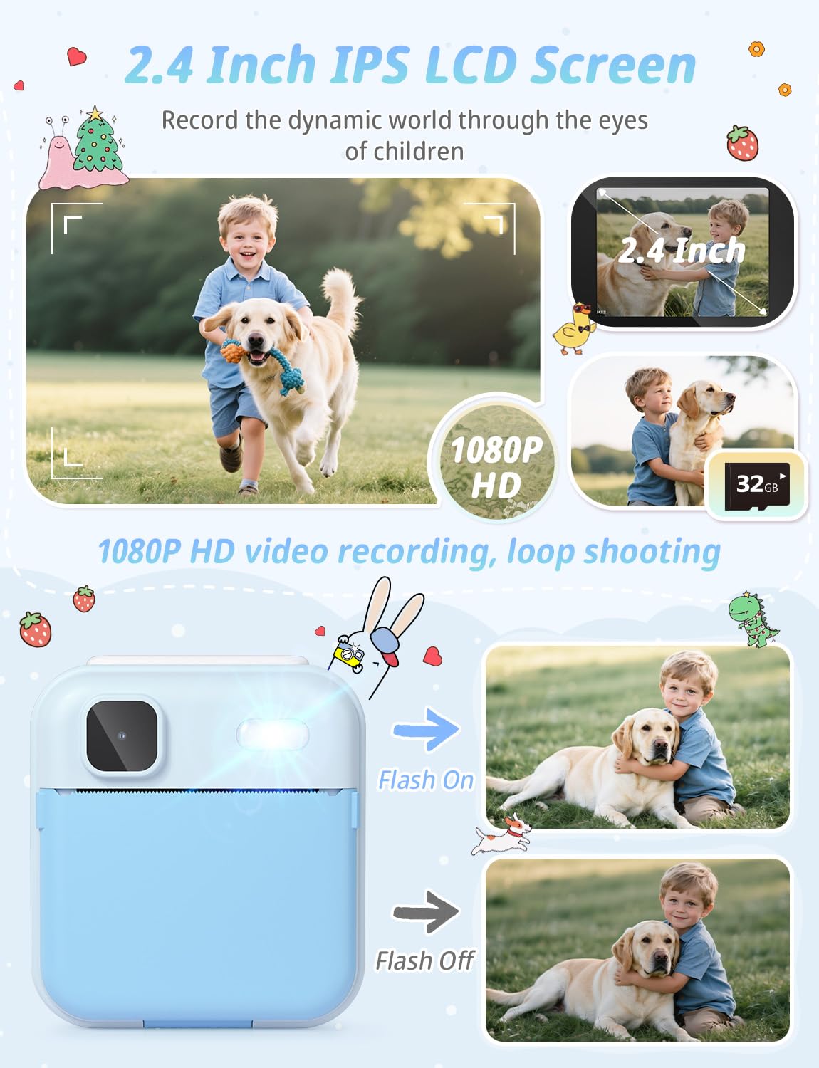 YOHOOLYO Aparat natychmiastowy dla dzieci, 2,4-calowy aparat natychmiastowy dla dzieci z kartą 32 GB i 3 rolkami papieru, cyfrowe zabawki wideo HD 1080P-niebieski