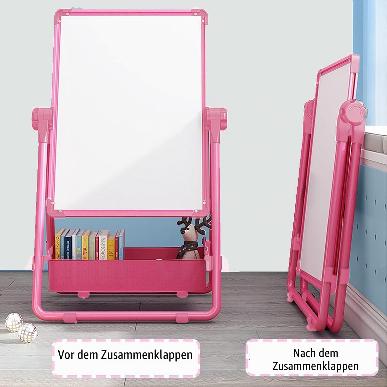 Tafel kinder,Mit Schürze, Alphabet Cartoon,Doppelseitige Magnettafel Maltafel Schreibtafel Kinder,Um 360° drehbar,63-107cm Hoch Verstellbar, Geschenk mädchen 3 4 5 7 8 jahre（Rosa）