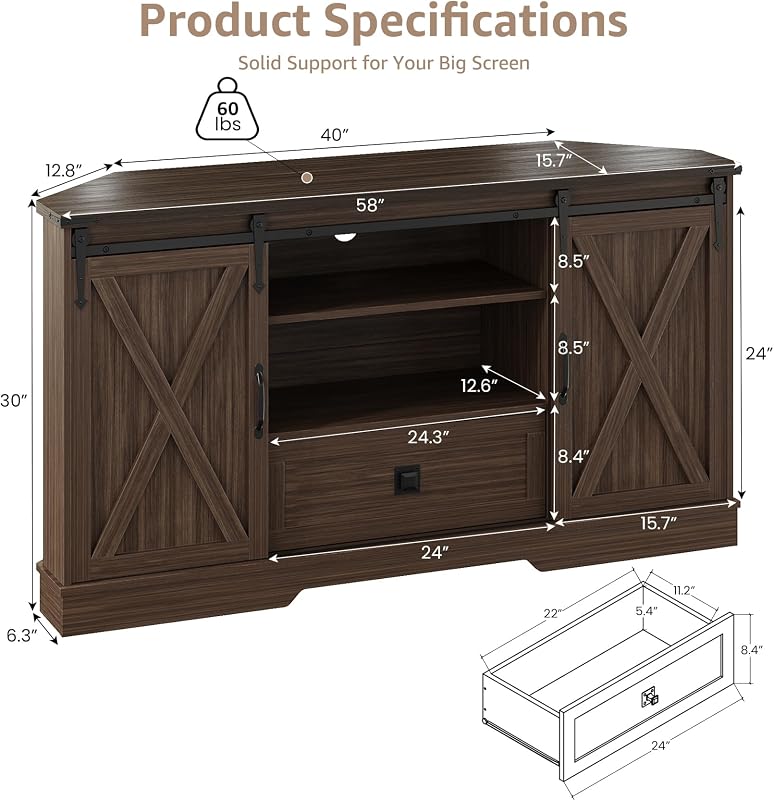 Corner TV Stand for 65 Inch TV - with Sliding Barn Door - Wood Entertainment Center - Media Console Cabinet - 58"x15.7"x31"H, Walnut image 7