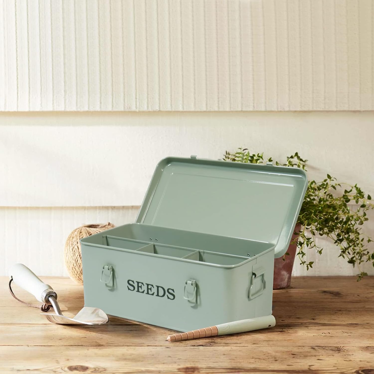 Seed Saving Box, Metal Seed Bin, Seed Storage Organizer Box, Seed Packet Container with Lid, Seed Envelope Storage Box, 4 Compartments Garden Seed Bin with Safety Locks-Green - Image 6
