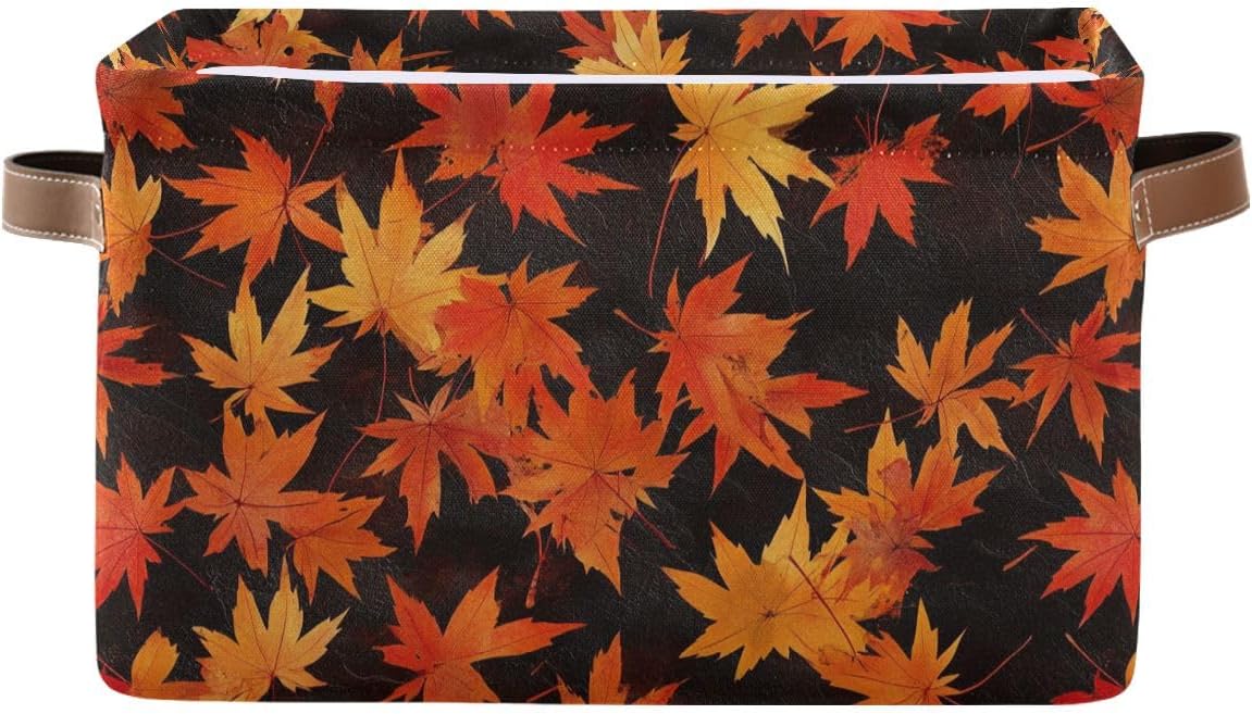 Yellow Maple Leaf Storage Basket,Fall Autumn Large Storage Bin Fabric Collapsible Organizer Bag with Handles 15x11x9.5 inch