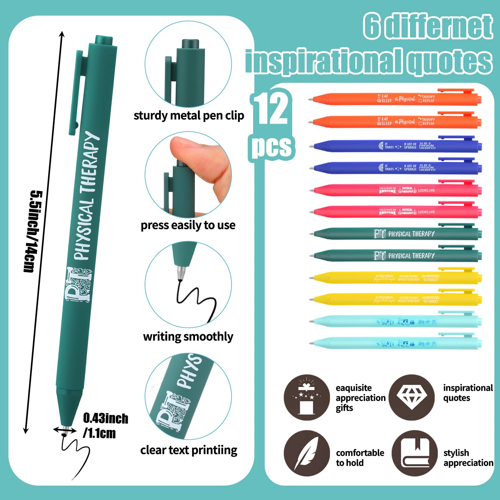 Vesici Lot de 12 carnets à spirales multicolores inspirants avec stylo pour kinésithérapeute, cadeau pour infirmière, collègue, personnel médical, fournitures de bureau
