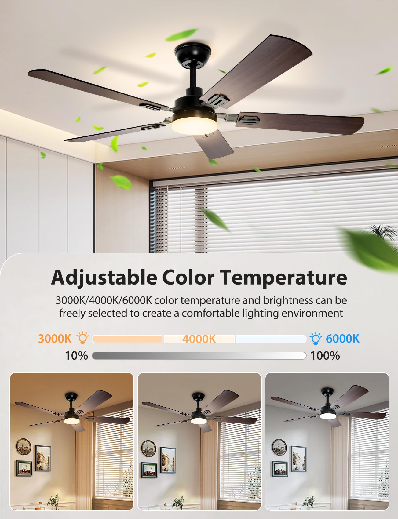 Aigostar Ventilatore da Soffitto con Luce e Telecomando Silenzioso 52‘’, 3000K/4000K/6000K Dimmerabile, 33W Motor DC Reversibile, 6 Velocità, Adatto per soggiorno, camera da letto e sala da pranzo