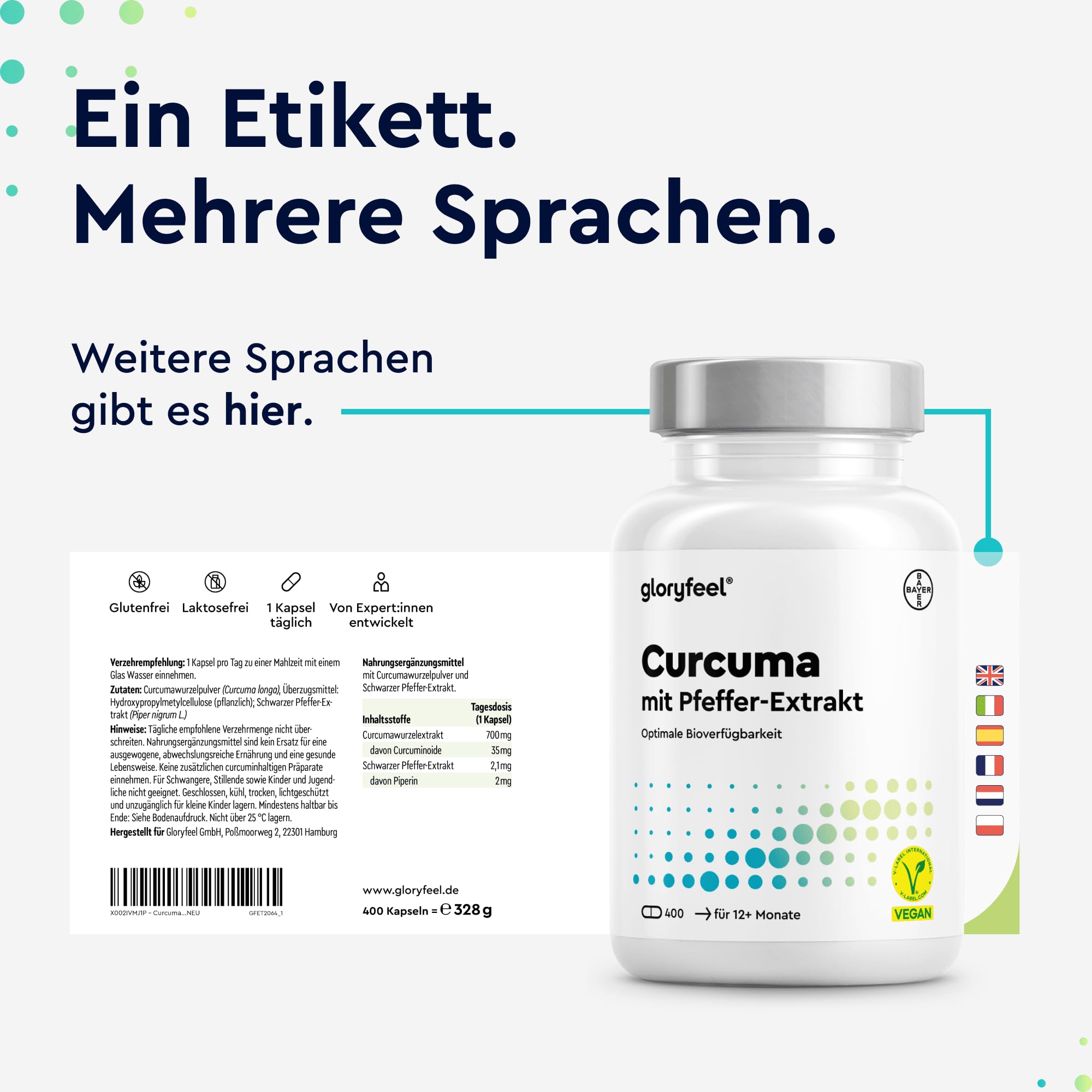 Curcuma Kapseln hochdosiert für 13 Monate - original Kurkumapulver - 700mg pro Kapsel mit Curcumin & Piperin - vegan - laborgeprüft & in Deutschland entwickelt