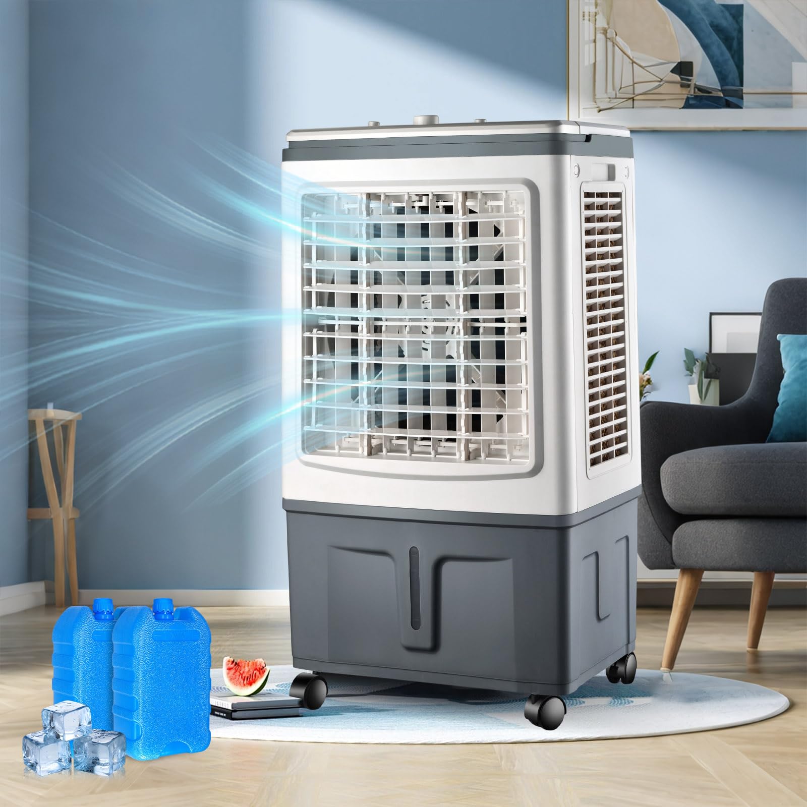 30L Powerful Evaporative Air Cooler Fan, High Capacity Mobile Cooler Mechanical Control, 2 Ice Packs, High Airflow