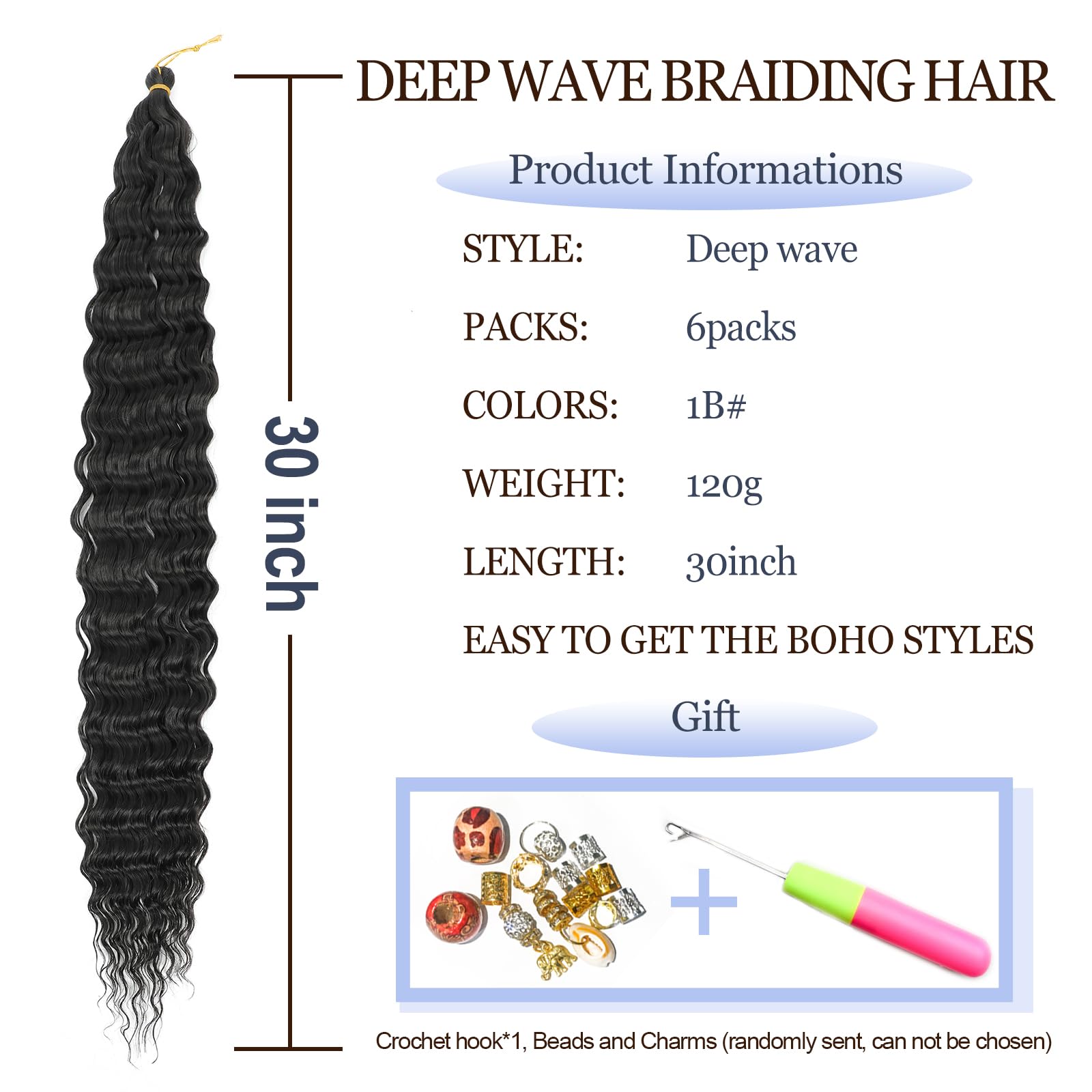 MLETULIPS Ocean Wave Crochet Hair Extensions Deep Wave Braiding Crochet Hair Soft Synthetic Curly Braiding Crochet Hair for Black Women (1B - Image 2