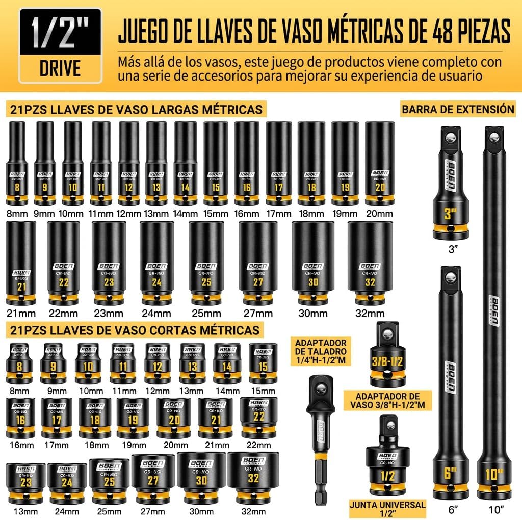 boen 48PCS 1/2” Drive Metric Socket Set, Impact Deep&Shollow Socket(8mm-32mm), for Lug Nut Use, 6-Point with Yellow Embossed Marking, CR-MO