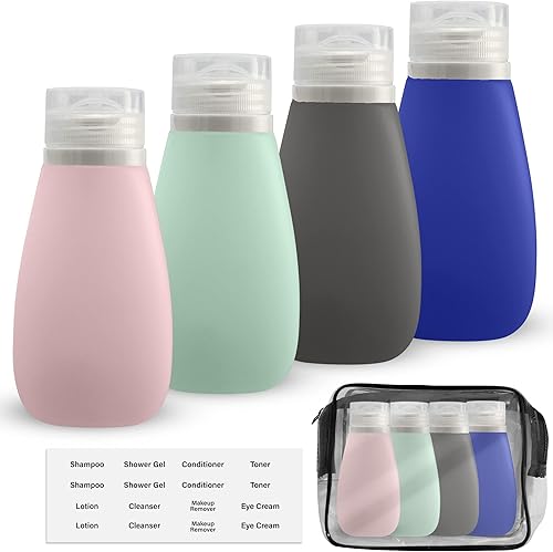 LYOB Botellas recargables de silicona a prueba de fugas (suaves) de 3 a 3.0fl oz botellas de viaje para artículos de tocador, recipientes de tamaño
