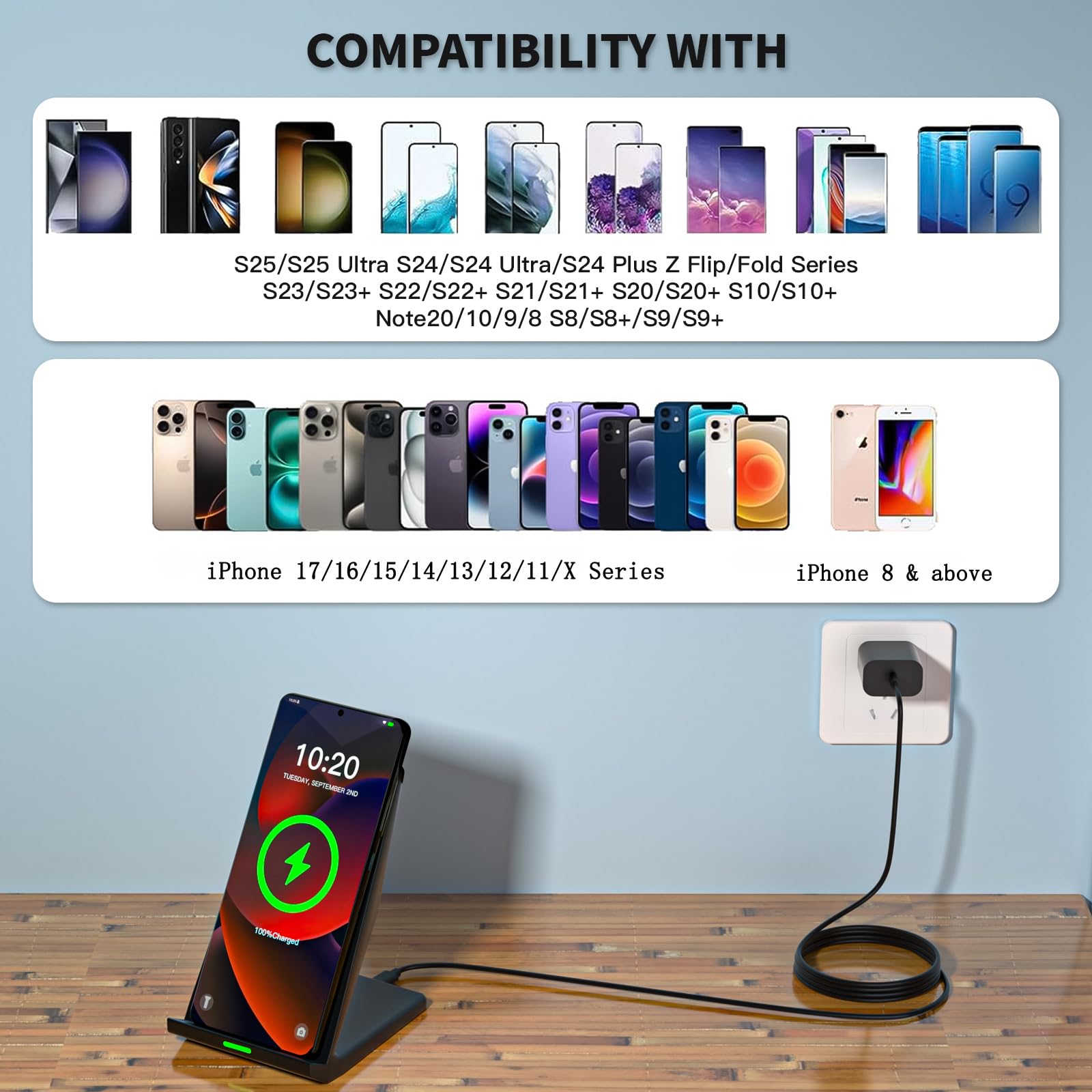 Rvelon Schnelles kabelloses Ladegerät, Computer Wireless Charging Stand mit 20W USB PD Adapter für Samsung Galaxy S25/S24/S23/S22/S21/Note 20, Pixel 8/7 Pro, für iPhone 17 Pro Max/17