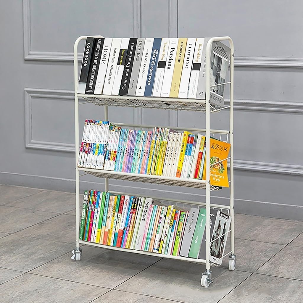 Rolling Book Cart, Moveable Bookshelf Organizer, Metal Shelving with Wheels, Multifunctional Storage Trolley Bookcases for Office, Classroom, Library, 3-Floor Design