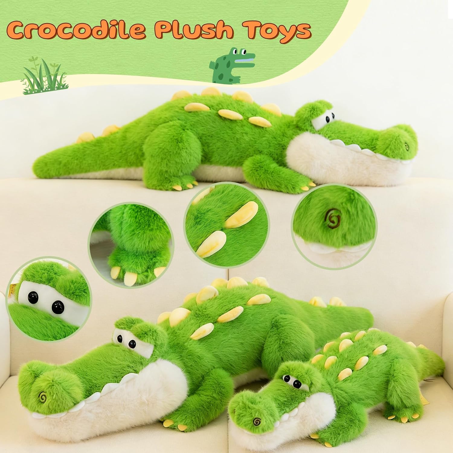 Alligator Stuffed Animal Plush Toy, Lying Flat Crocodile Hugging Pillow, Soft Long Plush for Kids & Adults, Cute Green Alligator Plush for Bed, Sofa, Gift 35.4in