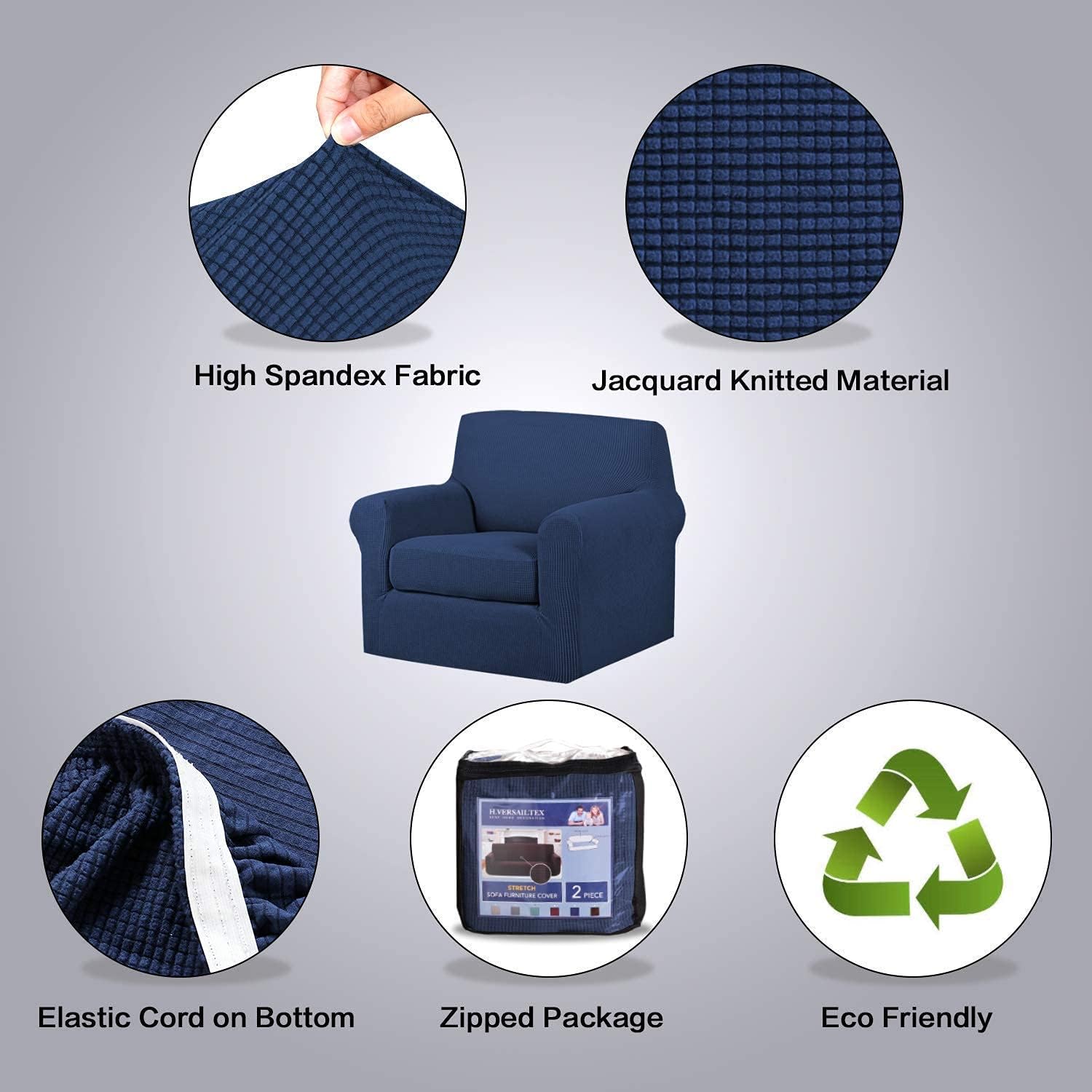 H.VERSAILTEX 2 Piece Sofa Cover for Armchair 32"-48" Bundle Square Ottoman Covers Ottoman Slipcovers, Navy