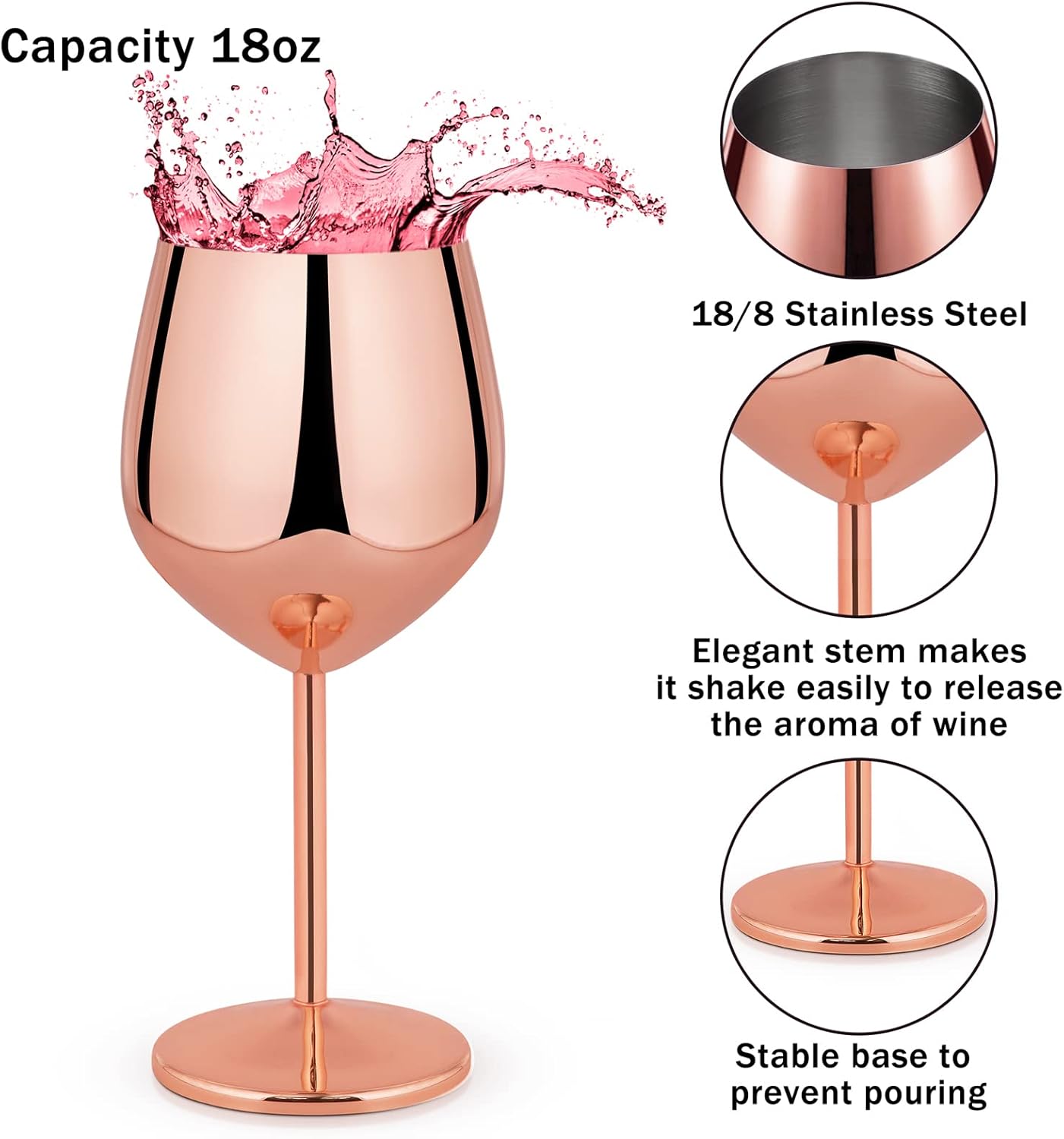 Lifecapido Stainless Steel Stem Wine Glasses Set of 8, 18oz Copper Wine Glasses, Stainless Steel Wine Goblets with Cup Brush for Party Office Wedding Anniversary, Great for Red White Wine(Rose Gold) - Image 2