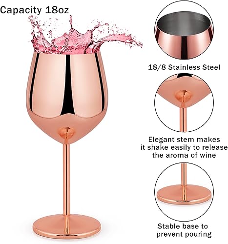 Miniatura 2 de Lifecapido Juego de 8 copas de vino de acero inoxidable, copas de vino de cobre de 18 onzas, copas de vino de acero inoxidable con cepillo para