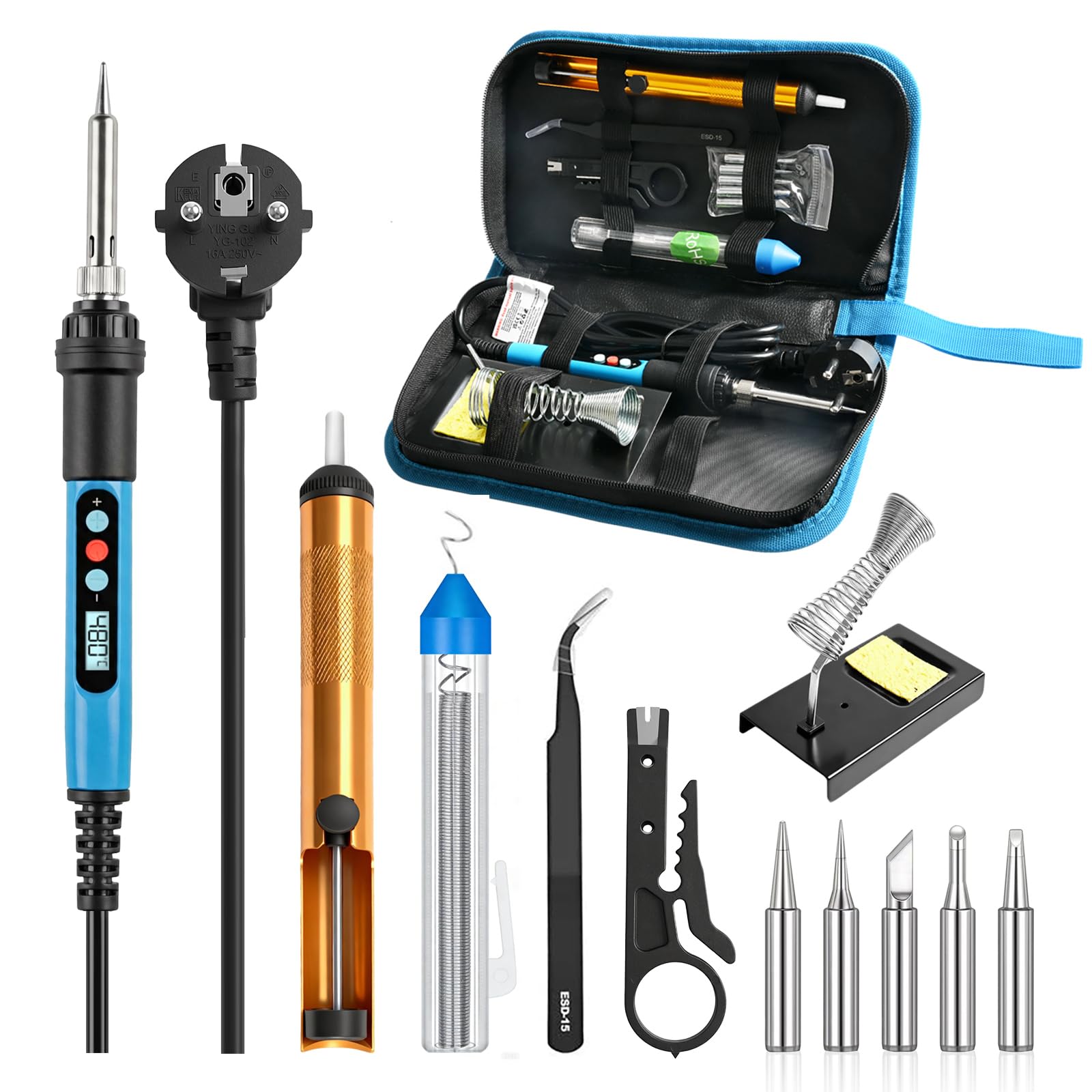 HANDSKIT Tin Soldering Iron 90W 13 in 1, Electric Soldering Iron Kit Adjustable Temperature 180-480°C, LCD Display, 5 Tips, Welding Wire and Stand, for Various Uses and Repairs