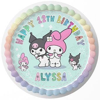 7.5 Inch Edible Cake Topper Kuromi and My Melody Pink Kitt Themed Birthday Party Collection of Edible Cake Decorations round