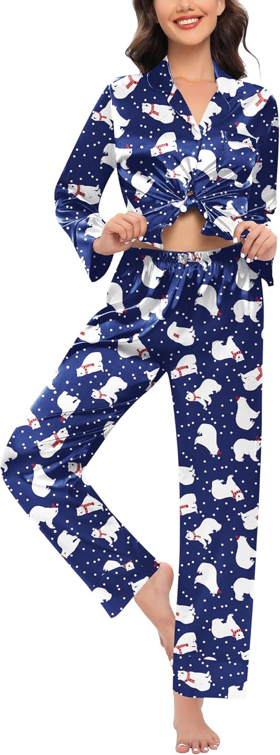 SWOMOG Womens Silk Satin Pajamas Set Long Sleeve Sleepwear Two Pieces Loungewear Set Button-Down Contrast Pjs Set - Image 3