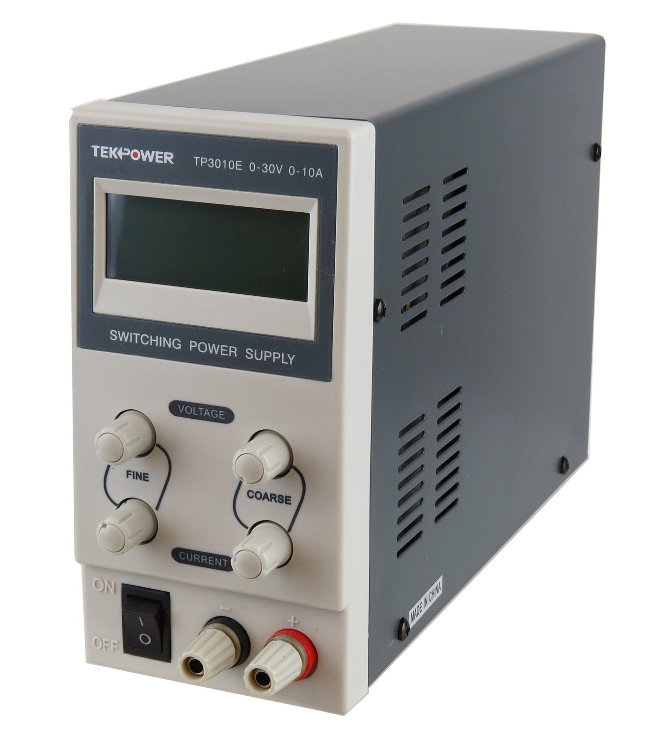 Davant view of TekPower TP3010E DC Power Supply with the digital display illuminated, showing voltage i lectures actuals.