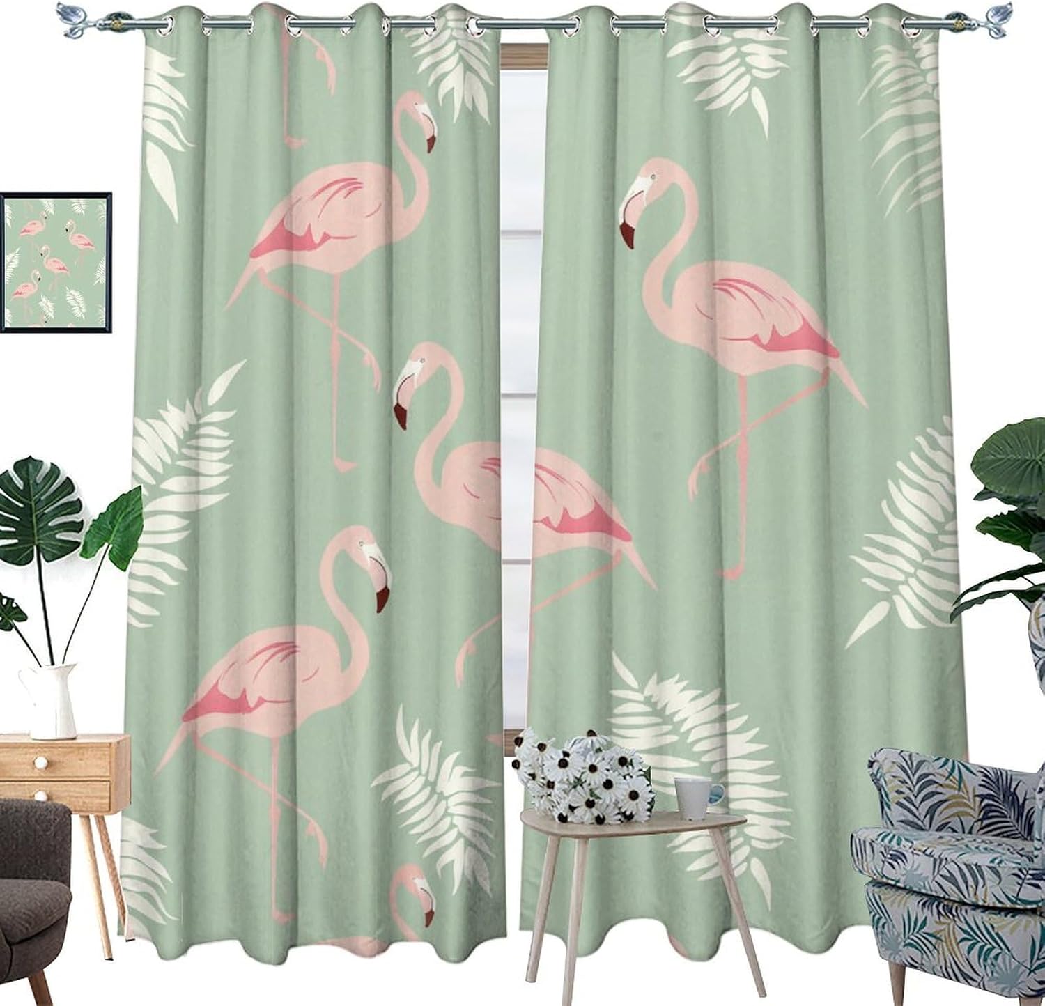 Abstract Flamingos Curtains for Bedroom, Palm Leaf Plant Fantasy Grommet Blackout Curtains Thermal Insulated Window Drapes for Living Room, 21W x 63L, 2 Panels