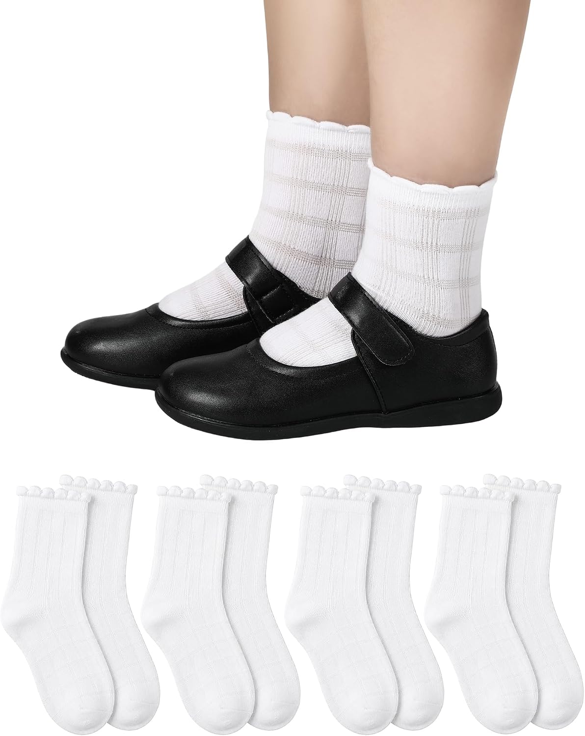Shyyween 4 Pairs Girls White Ruffle Socks Kids Cotton School Uniform Dress Socks Crew Ankle Size 4-12 Years