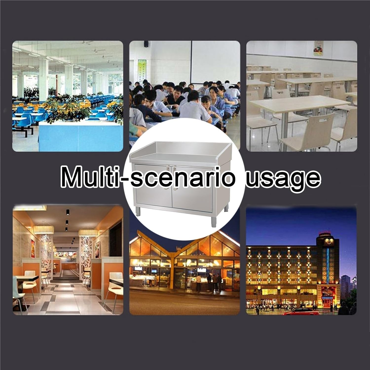 Stainless Steel Workbench with Three-Sided Guardrails Double-Door Storage Cabinet with Handles and Latches Kitchen Work Table Adjustable Legs Suitable for Hotels and Warehouses