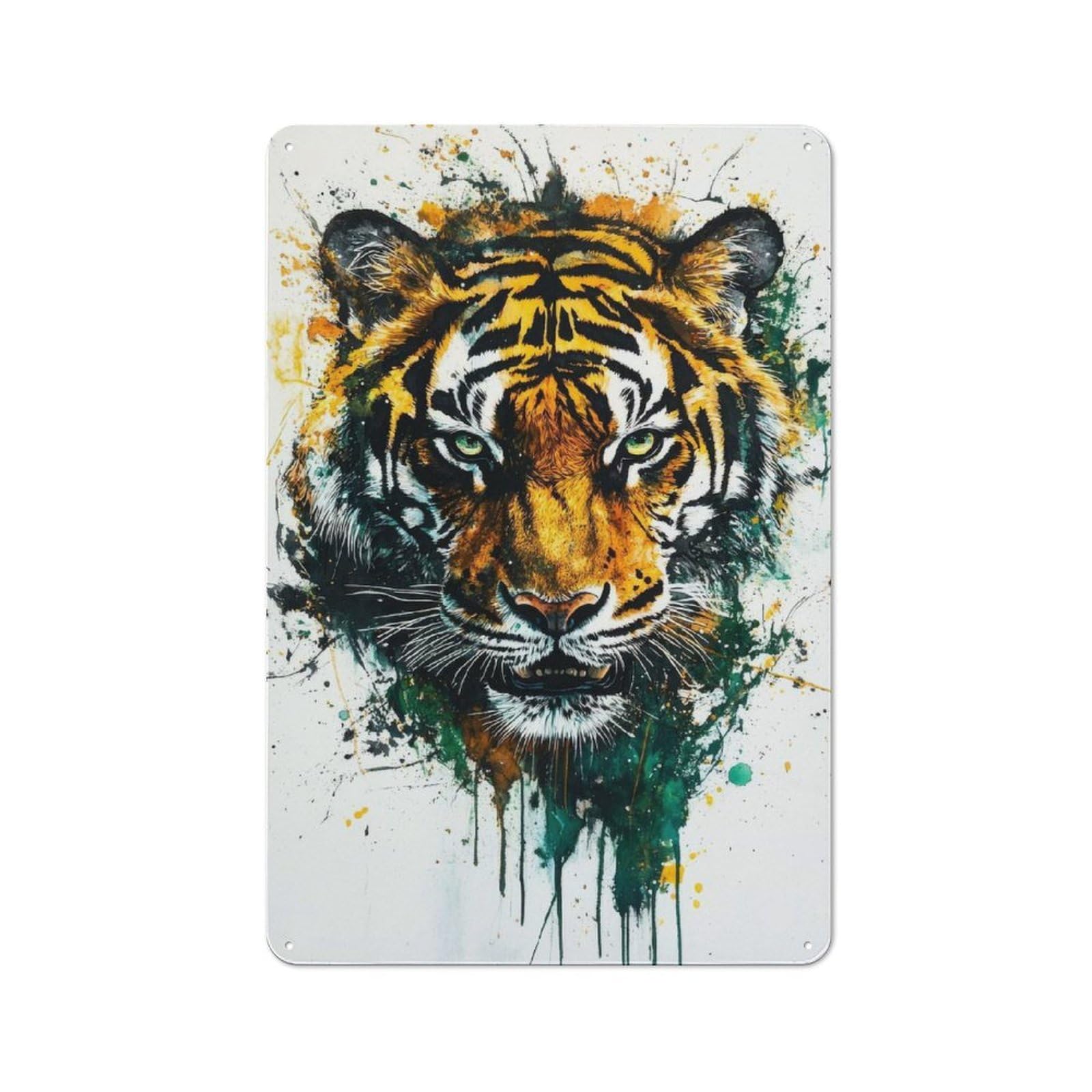 Junmoney Fierce Tiger Watercolor Art Print Bold Wall Decor For Nature Lovers Tiger Portrait With Splashes... Vintage Metal Wall Sign 30X20cm For Hobby Room Or Studio, For Hobby Room Decor Fans