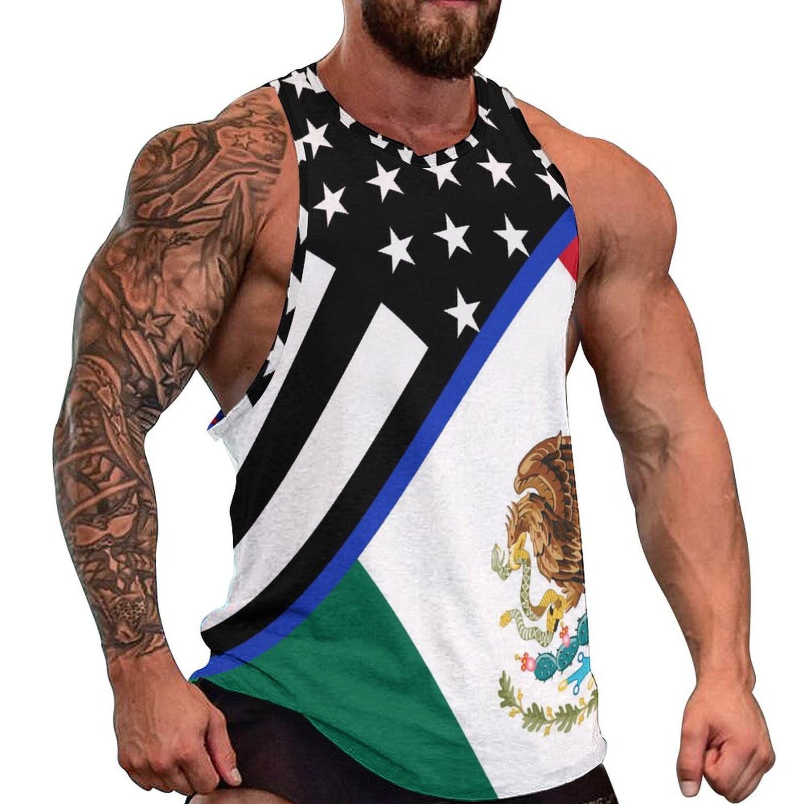 Blue Line U.S. Mexican Flag Men's Tank Tops Summer Vest Sleeveless Graphic T-Shirt Beach Gym Shirts