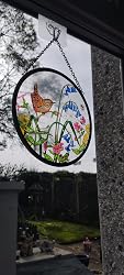 Decorative Hand Painted Stained Glass Window Sun Catcher/Roundel in a Wren and Bluebells Design