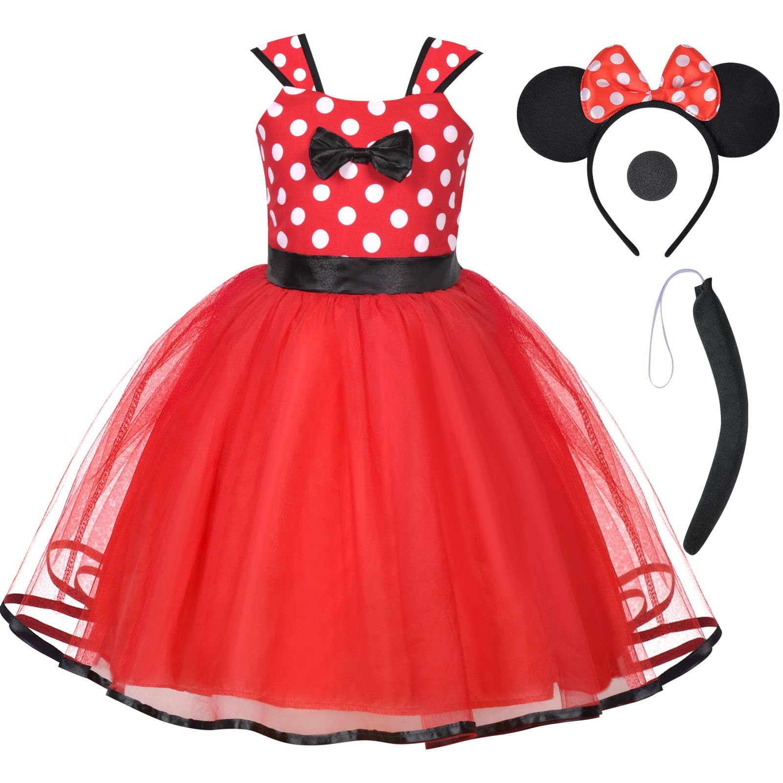 ACWOO Ragazza Pois Abito da Principessa Costumes, 4 Pezzi Costume da Maus Mouse con Naso, Fascia per Orecchie, Coda, Vestito Bambina per Cosplay, Carnevali, Halloween, Natale
