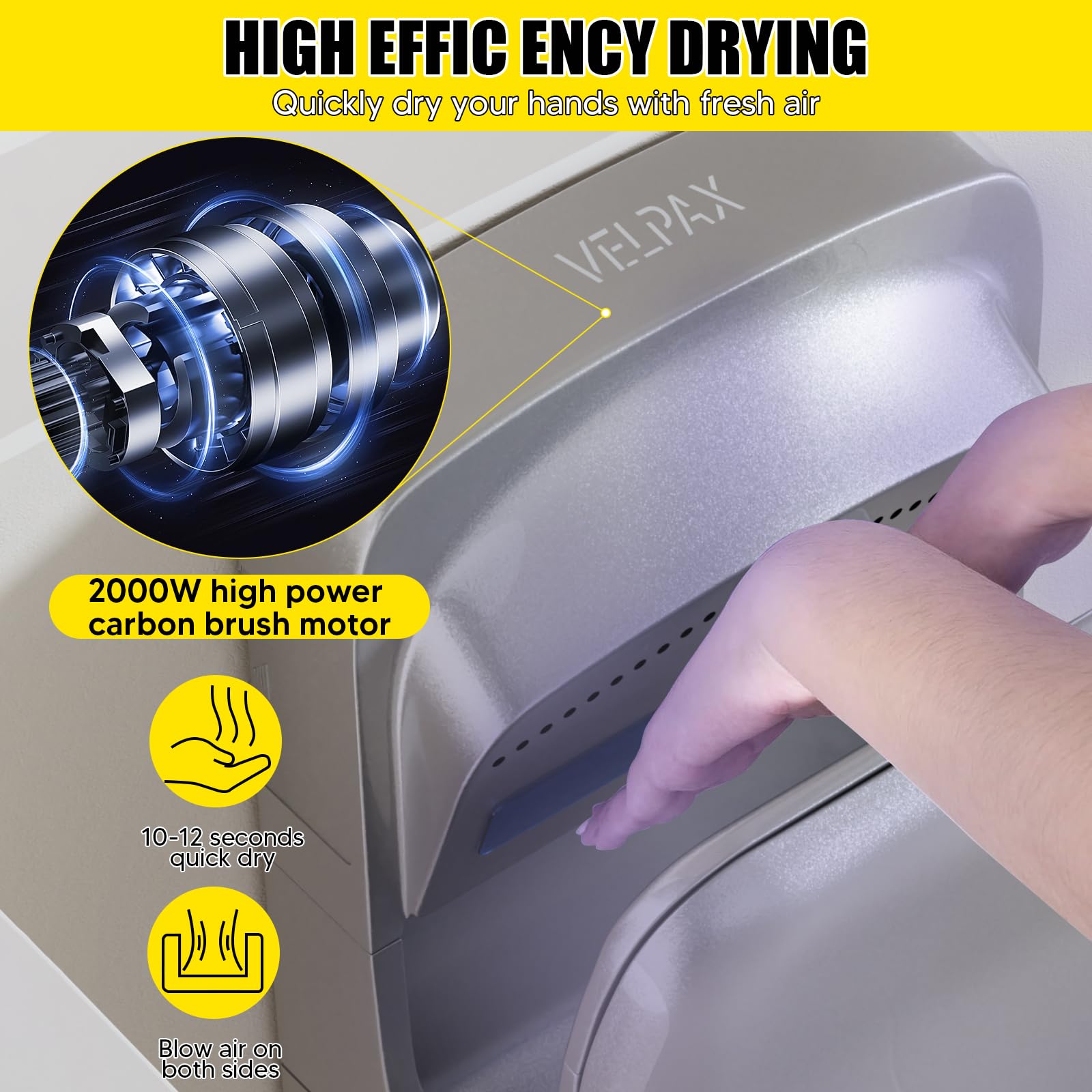 VELPAX 2000W sèche-Mains,sèche-Mains électrique Commercial,avec AEPH Filtre,10-12 Secondes pour sécher,Convient aux salles de Bains publiques, aux Cuisines et aux Bureaux