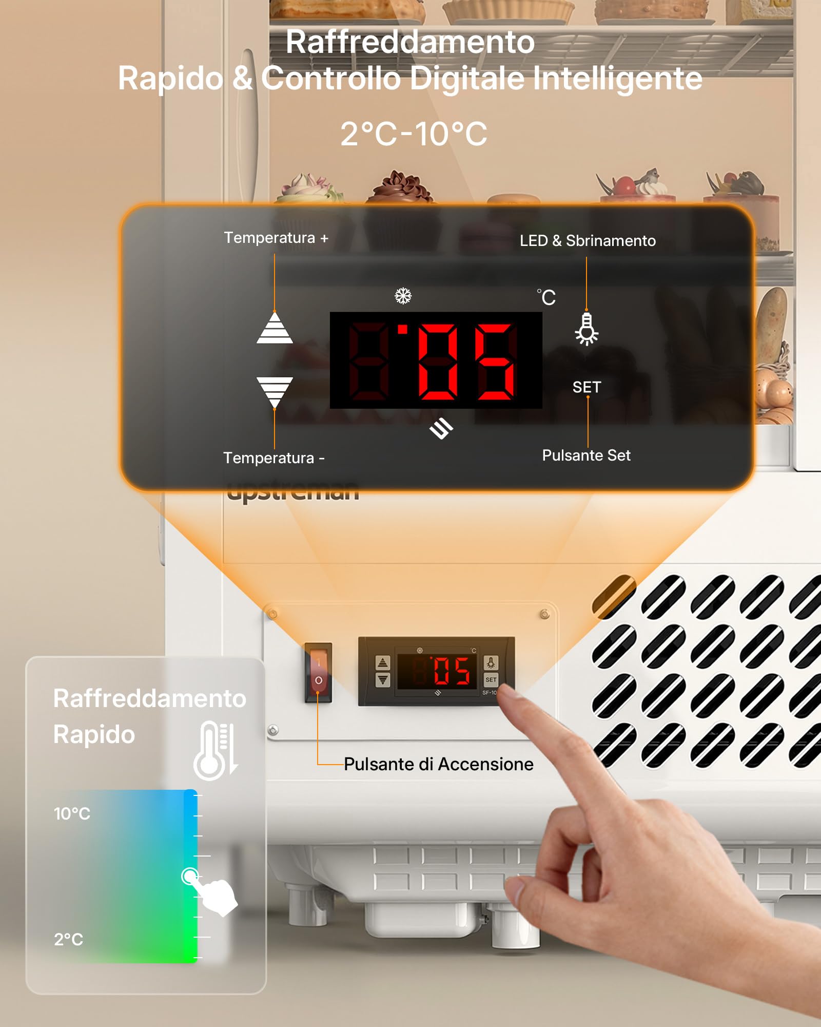 Upstreman Vetrina Refrigerata 100L con Illuminazione a LED, Controllo Digitale della Temperatura 2-10°C, 2 Ripiani Regolabili, per Caffè, Pasticceria e Panificio, CD101 Bianco