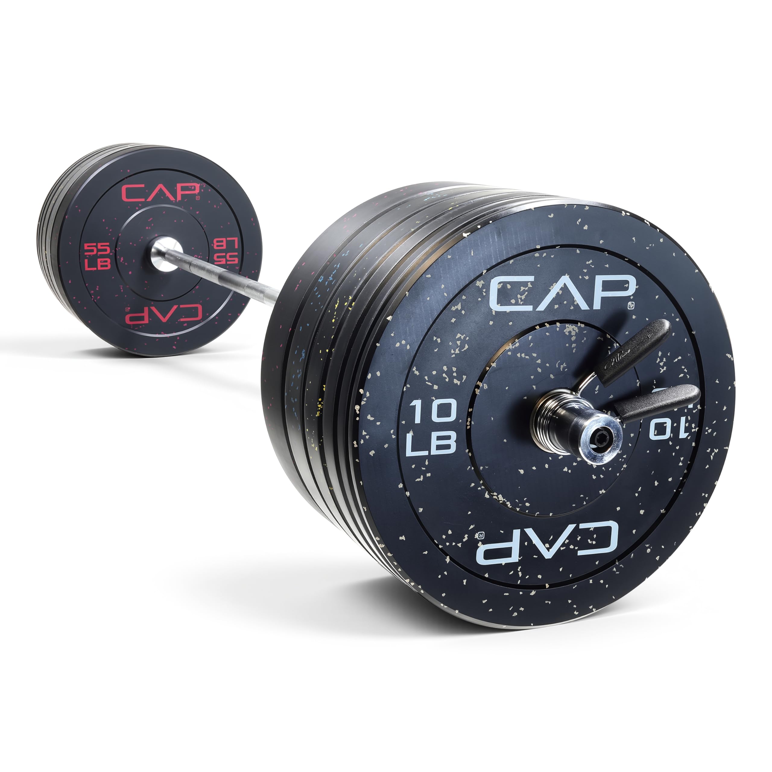 CAP Barbell 370 lb Economy - Speckled Olympic Weight Set with 7ft Chrome Barbell &amp; Black Bumper Plates with Color Logo