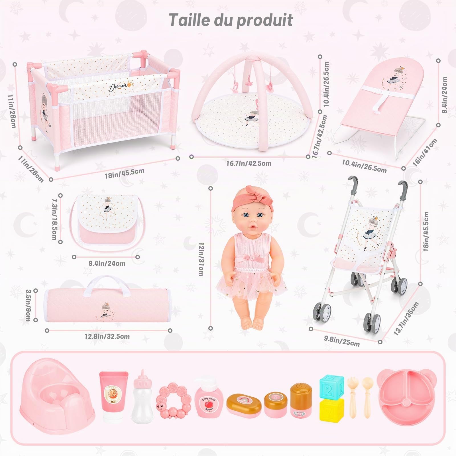 deAO Coffret Poussette Poupée avec Berceau, Tapis de Jeu, Sacs de Voyage