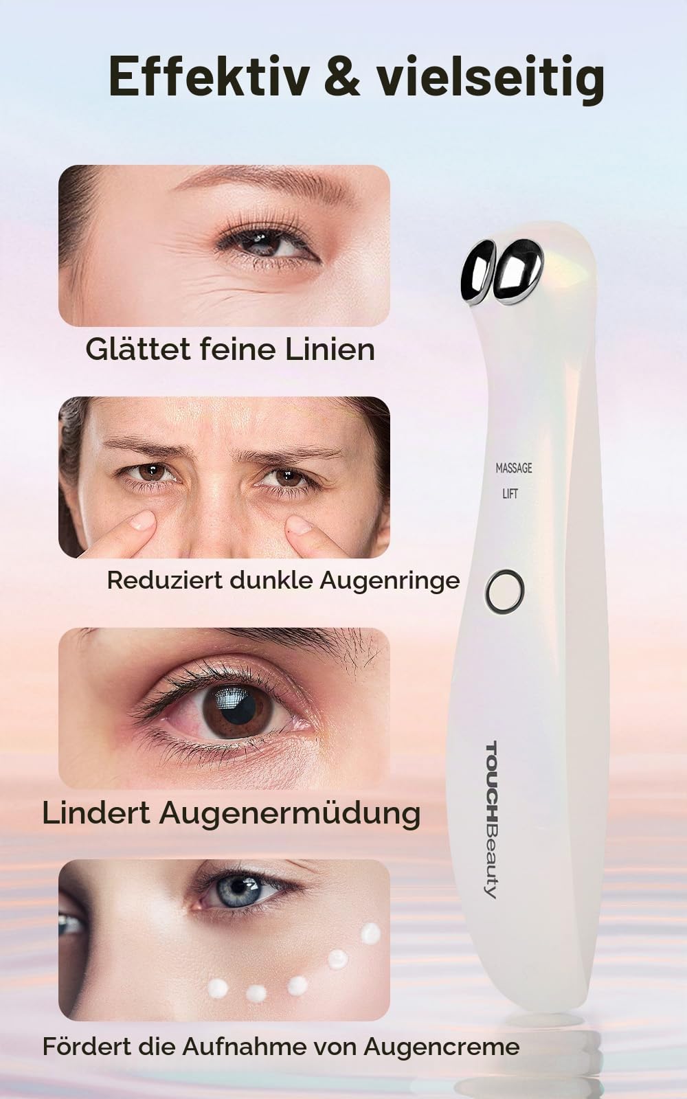 TOUCHBeauty Augenmassagegerät EMS,Antifalten Augenmassage mit Beheizte und Vibration,Anti Aging Massagegerät Wiederaufladbar 2 Massagemodus für Tränensäcke, Dunkle Kreise, Schwellungen AG-1883（Weiß）