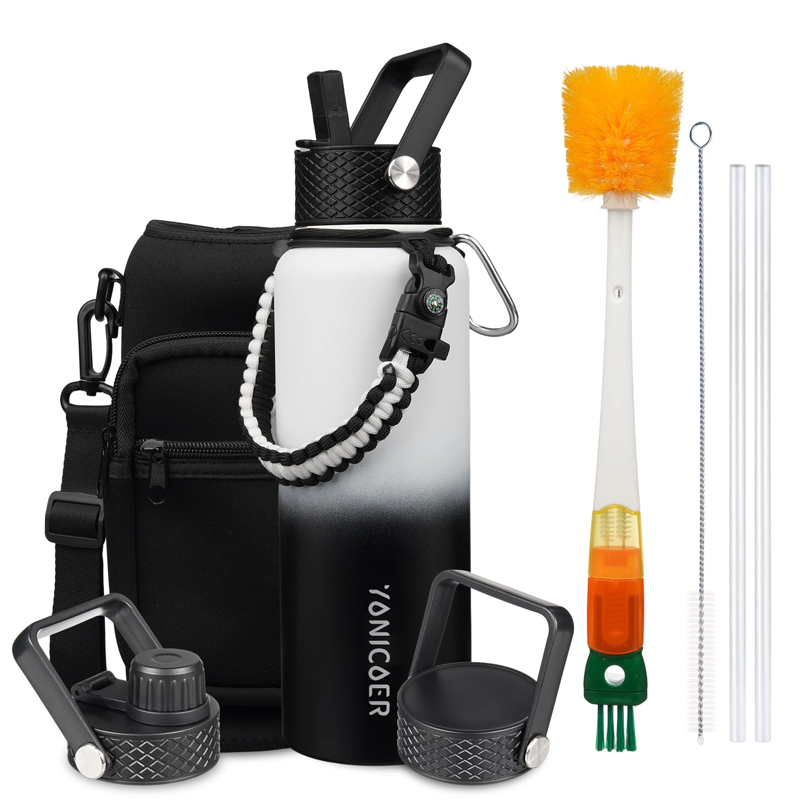 Insulated Water Bottle 40oz,Triple Wall Vacuum Stainless Steel(Dishwasher Safe),Leak Proof & Non-BPA,Flask Jug with Paracord Handle & Straw Spout Lids Sports Gradient black