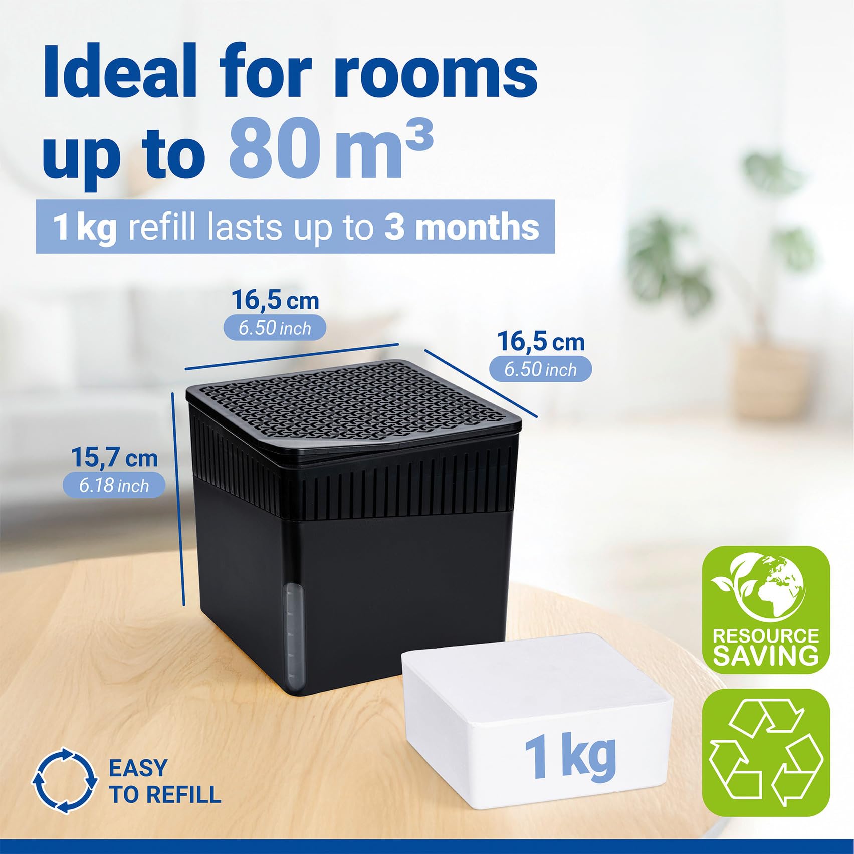 Wenko Deumidificatore Cube 1000 g, per ambienti fino a 80 m³, previene muffa e cattivi odori, senza elettricità, silenzioso, ricaricabile, nero