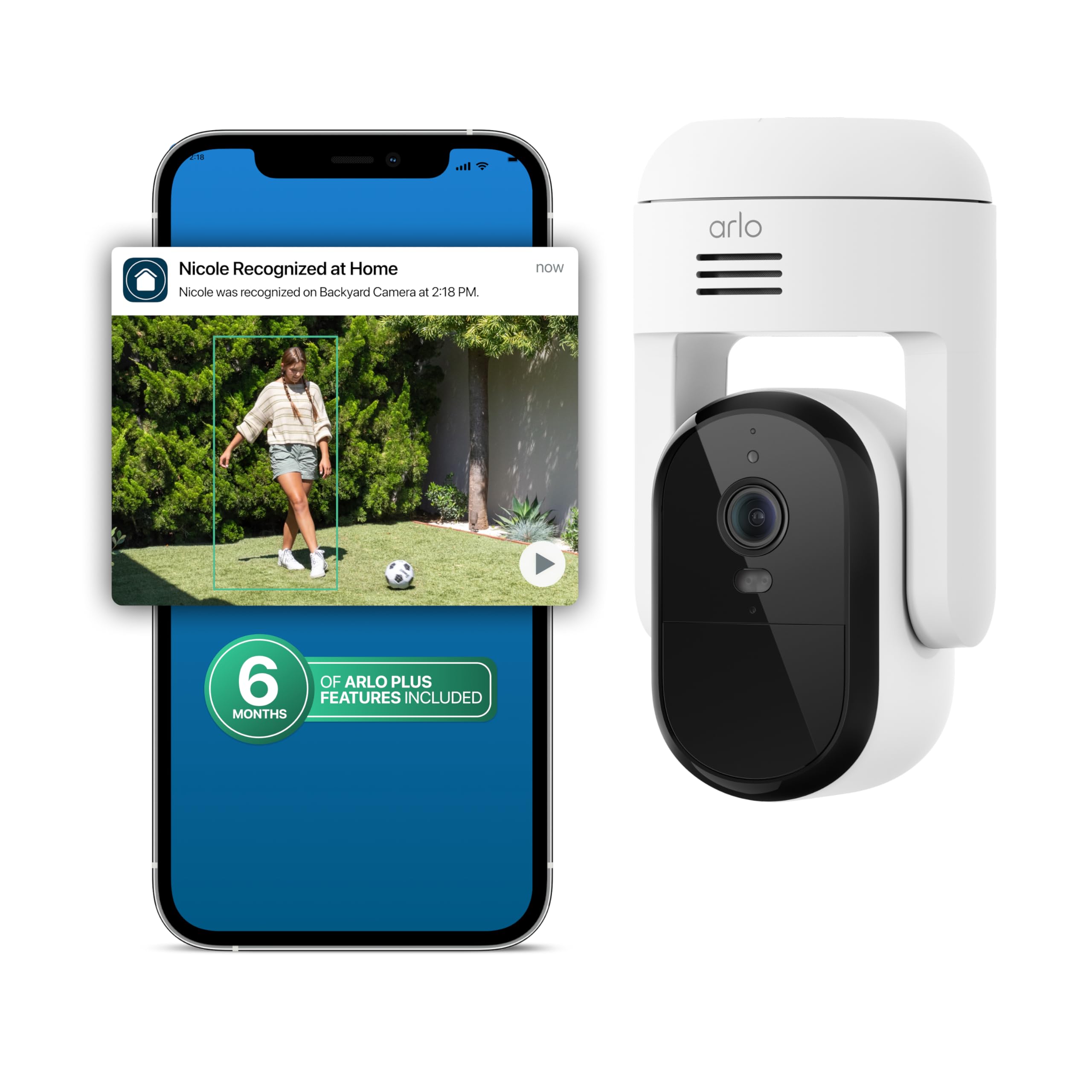 Arlo Essential Pan Tilt Security Camera 2K + 6 Months of Secure Plus Plan - Wired Plug-in Power Outdoor Camera, Person Recognition, Package Detection,