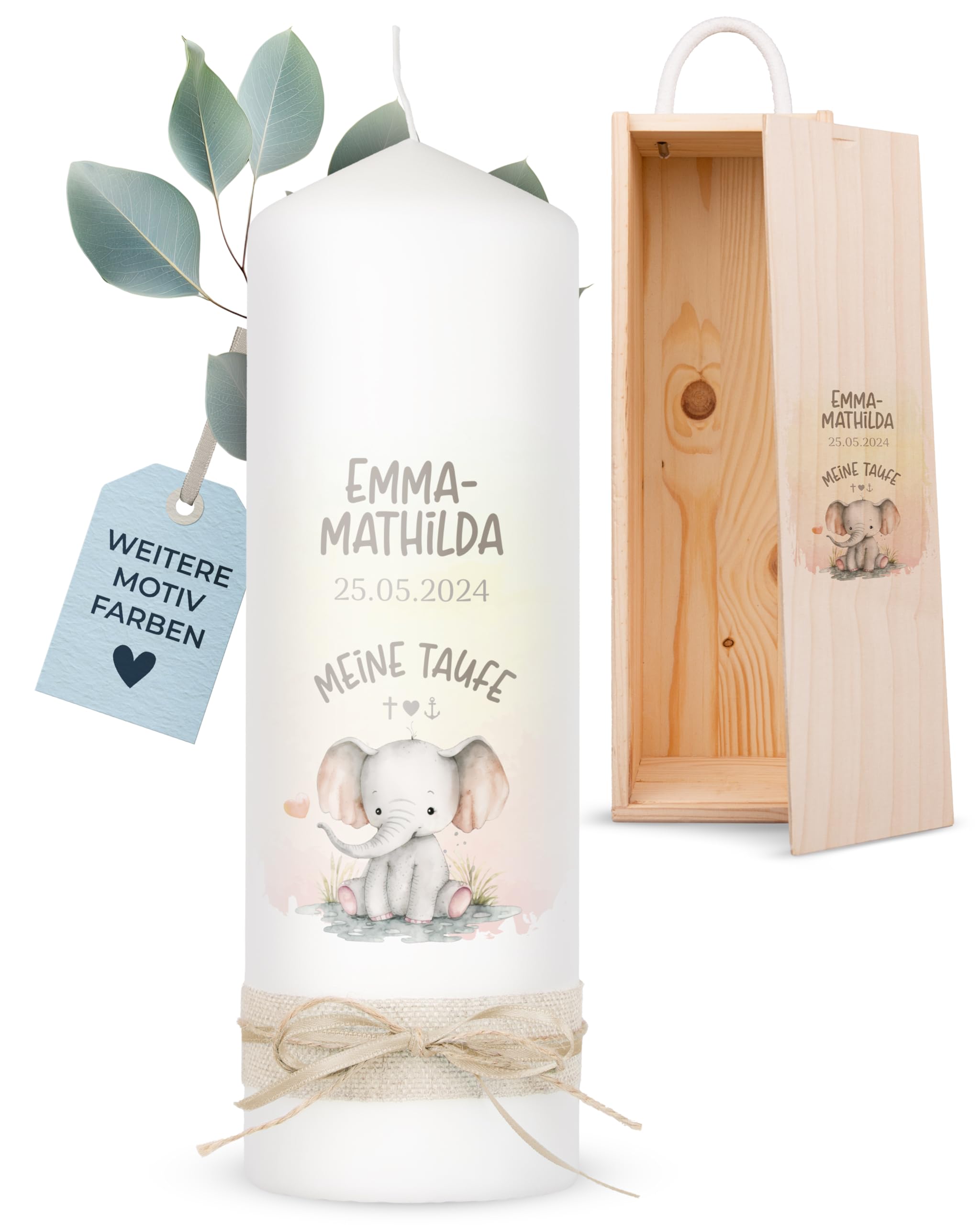 AMARI ® Taufkerz personalisiert Elefant Herz - Taufkerze für Mädchen/Jungen - Gestalte deine Kerze - Mach deine Taufe selbst