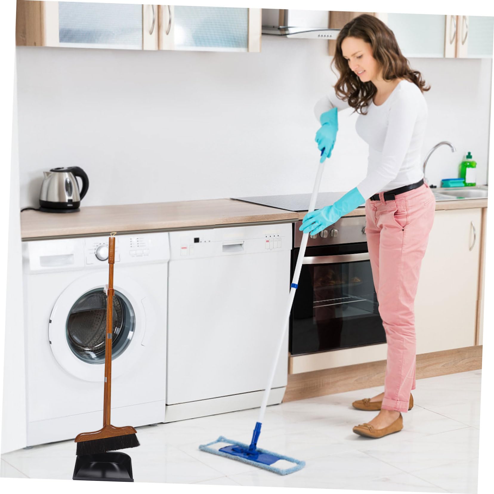 Escoba con Recogedor de Mango Largo, Madera y Crin, para Limpieza | Boca Ancha, Cerdas Suaves, Uso Versátil, para Salones y Limpieza Exterior