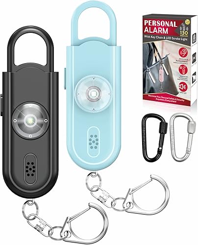 Alarma personal de sonido seguro, paquete de 2 con sirena de 130 dB, alarma de seguridad de emergencia con luz LED estroboscópica, llavero de sirena