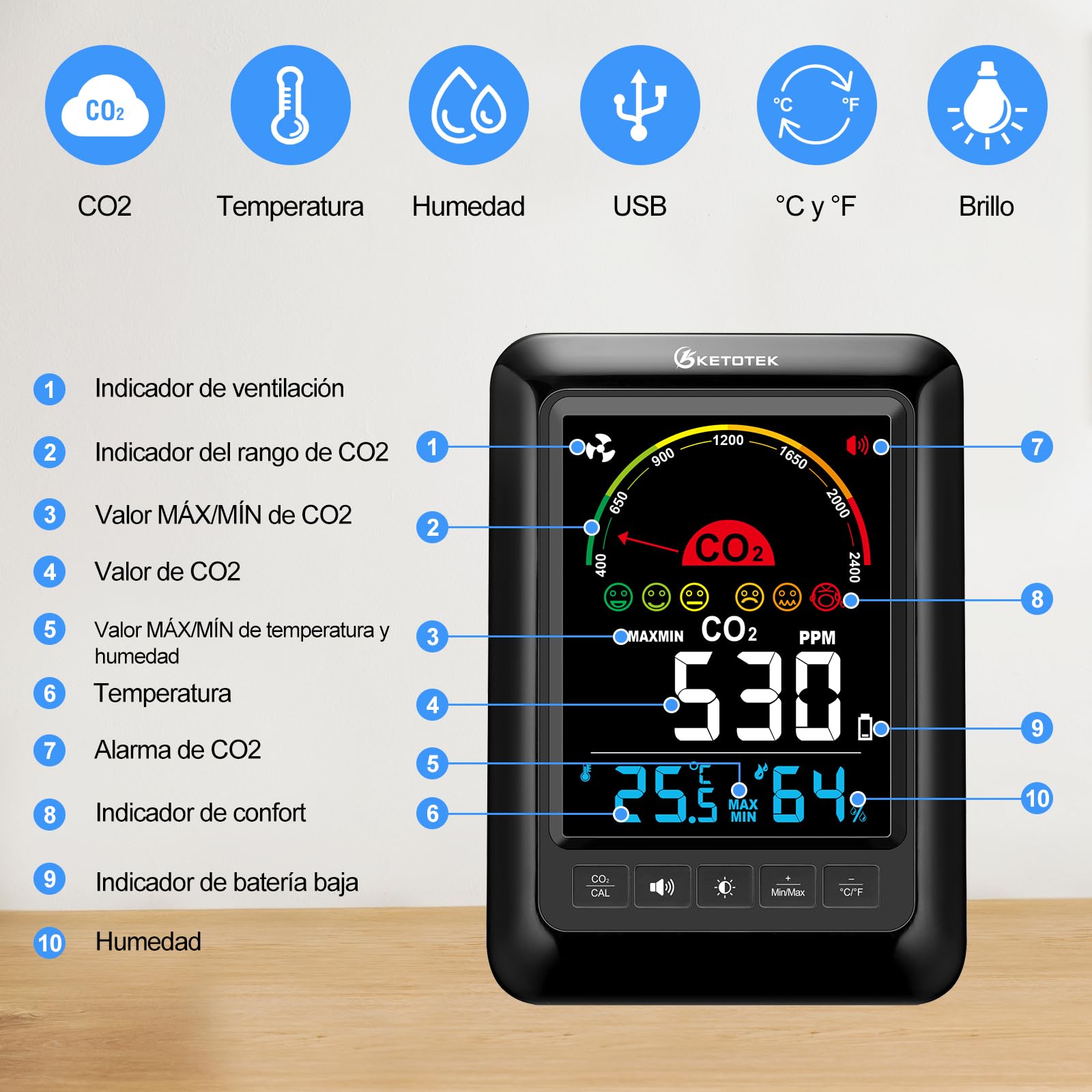 KETOTEK Monitor de CO2, Monitor de Calidad del Aire Interior con Alarma CO2, Detector de Dióxido de Carbono, Temperatura y Humedad para Hogar Oficina o Escuela