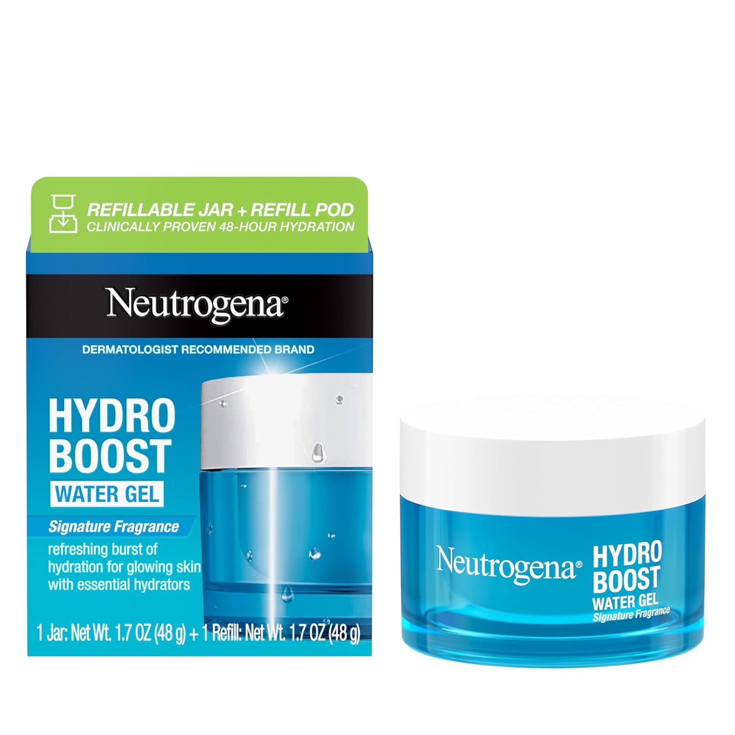 Neutrogena Hydro Boost Water Gel Face Moisturizer Starter Kit, includes Refillable Jar + Refill Pod, with Hyaluronic Acid for a Burst of Hydration & Dewy Skin, 1.7 oz Each Neutrogena Hydro Boost Water Gel Face Moisturizer Starter Kit, includes Refillable Jar + Refill Pod, with Hyaluronic Acid for a Burst of Hydration & Dewy Skin, 1.7 oz Each