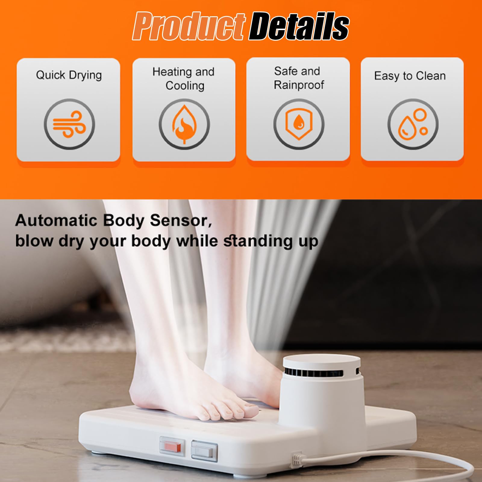 Sèche-linge complet 960 W après douche, séchage à air corporel haute vitesse 15 000 tr/min avec détecteur de mouvement, 2 vitesses réglables d'air froid et chaud pour salle de bain, maison et hôtel